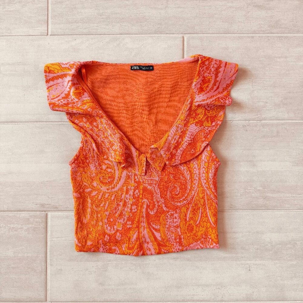 Zara Jacquard Paisley Ruffle Top Orange Pink Stretch Sleeveless Scoop Neck Small
